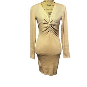 Zeagoo Tan Medium Bodycon Dress Twist Front Ribbed Knit Long Sleeve Casual Beige